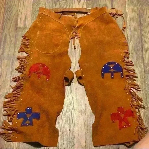 American Vintage Other - Leather suede childs chaps with fringe and beads western wear costume vintage